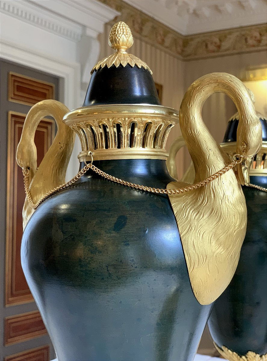Pair Of Cassolettes, Covered Urns In Patinated And Gilded Bronze - 19th Century-photo-3