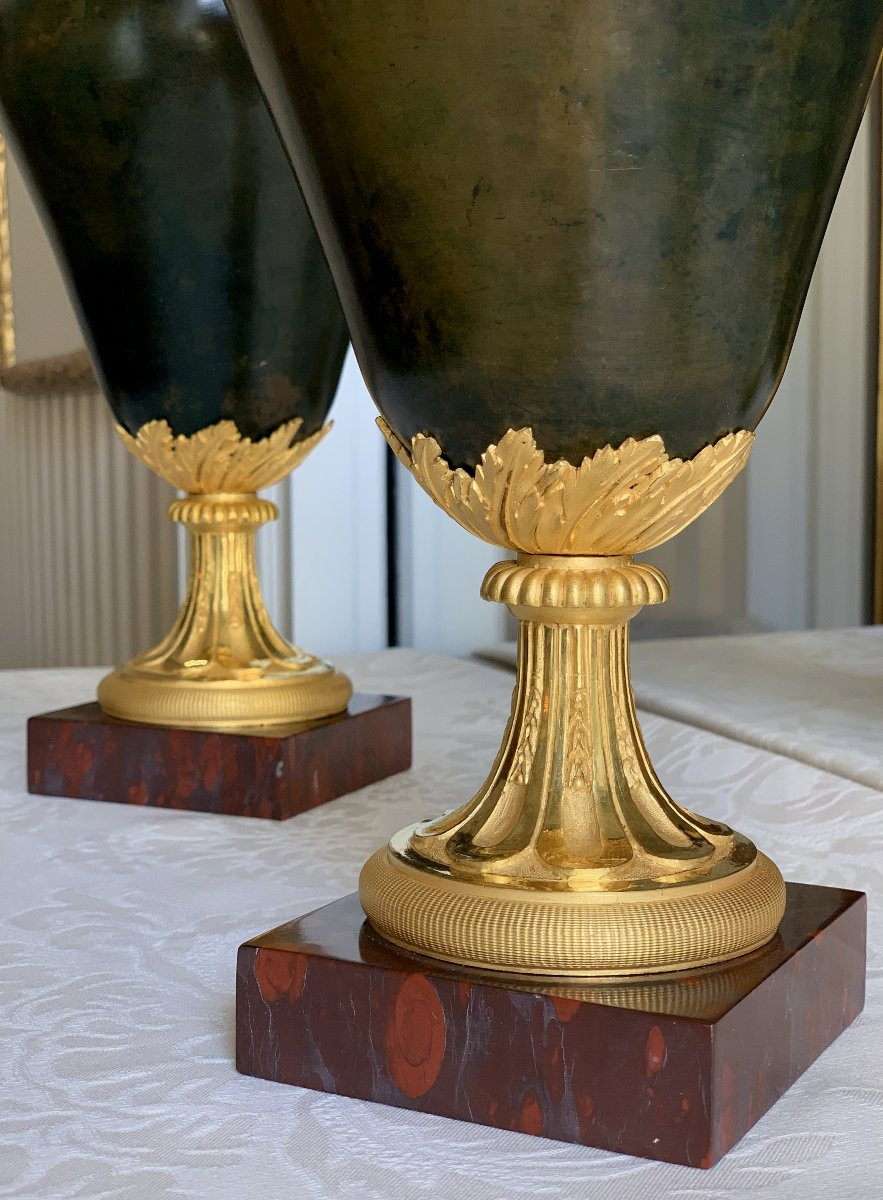 Pair Of Cassolettes, Covered Urns In Patinated And Gilded Bronze - 19th Century-photo-1