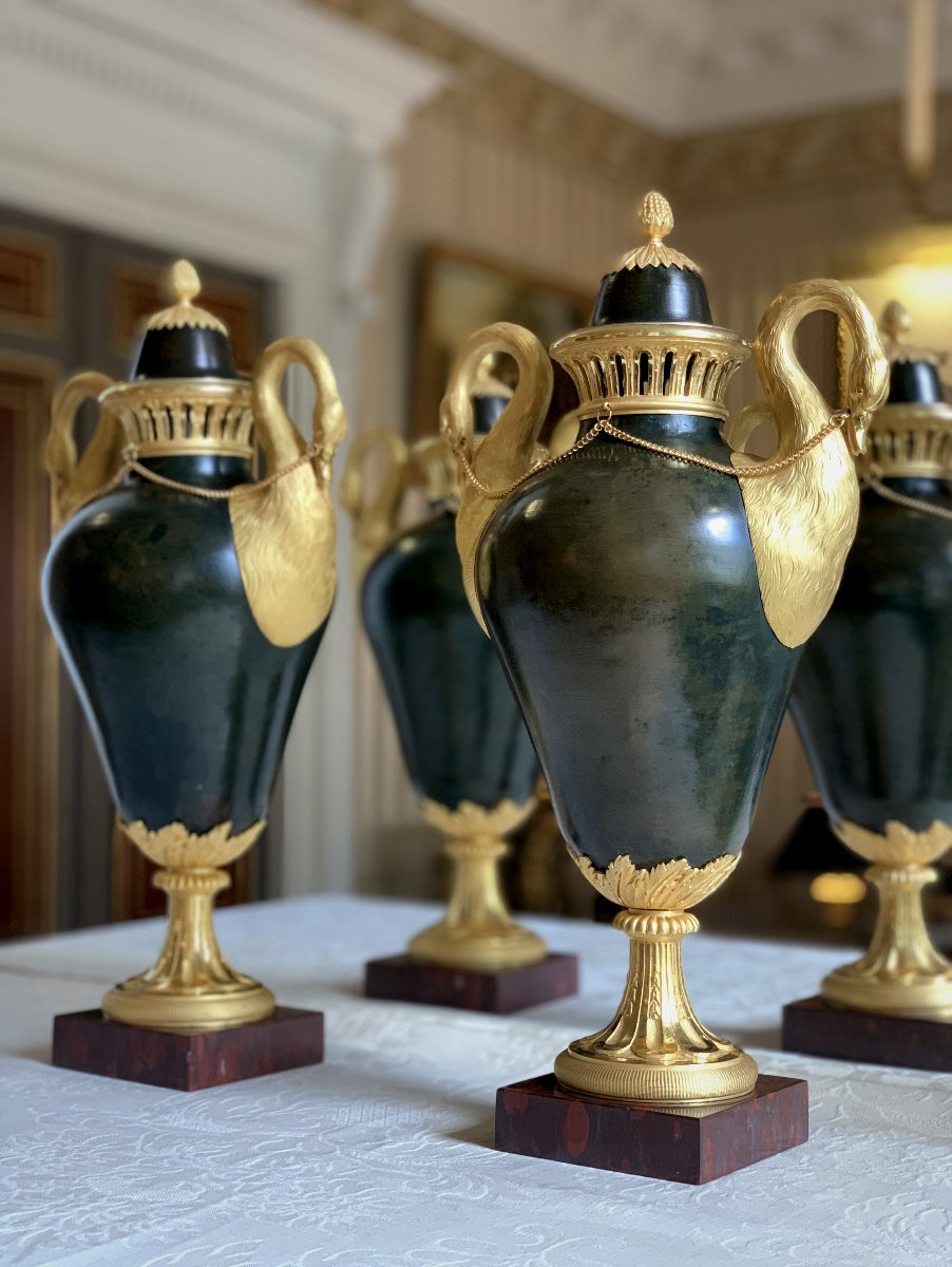 Pair Of Cassolettes, Covered Urns In Patinated And Gilded Bronze - 19th Century-photo-7