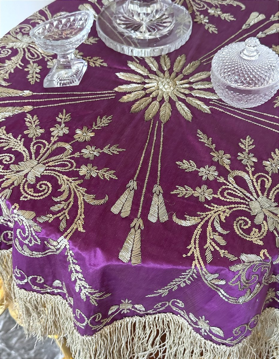 Purple Silk Taffeta Tablecloth With Silver Brocade - 19th Century-photo-5