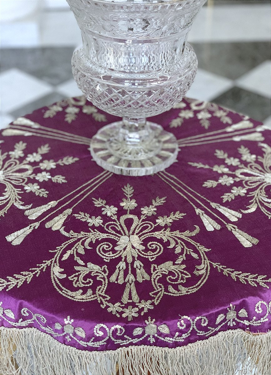 Purple Silk Taffeta Tablecloth With Silver Brocade - 19th Century-photo-7