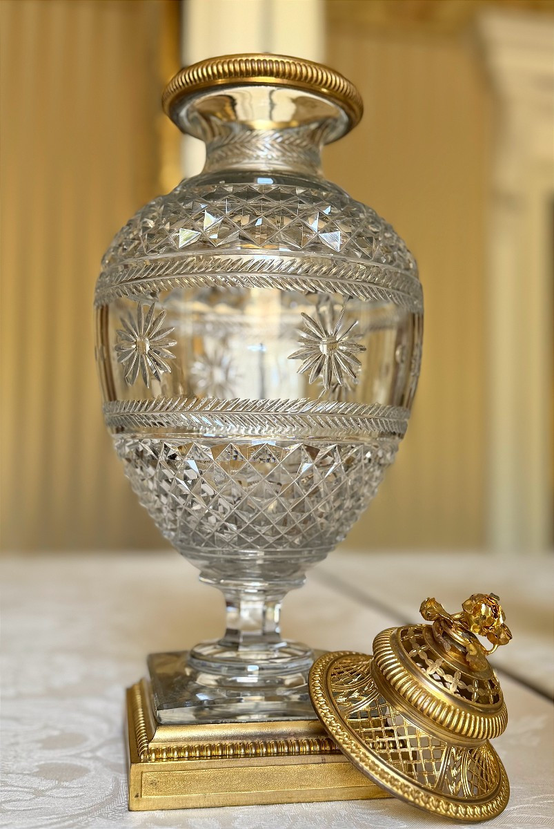 Vase couvert en cristal gravé, monture en bronze dorée - 19e Siècle-photo-4