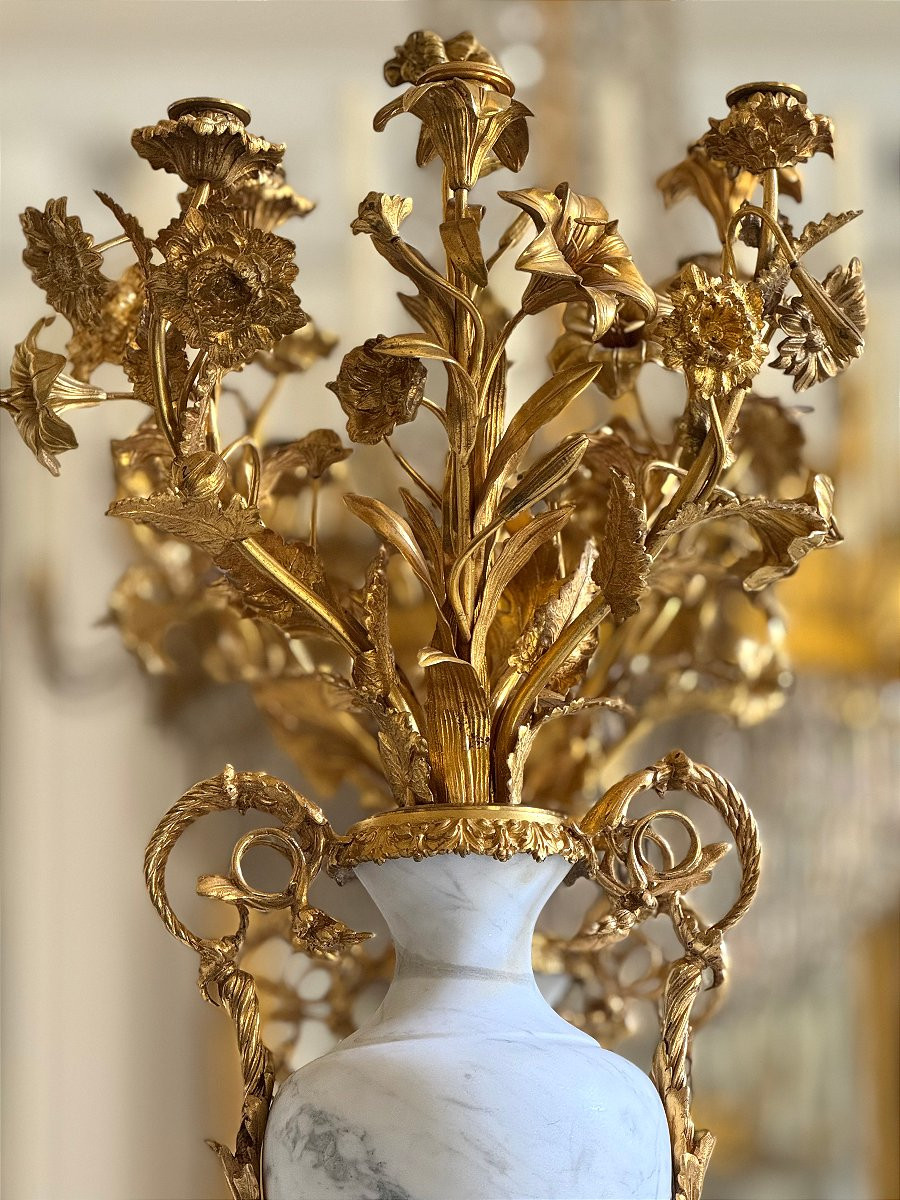 Candélabre à bouquet fleuri en bronze doré et vase central en marbre - Napoleon III-photo-2