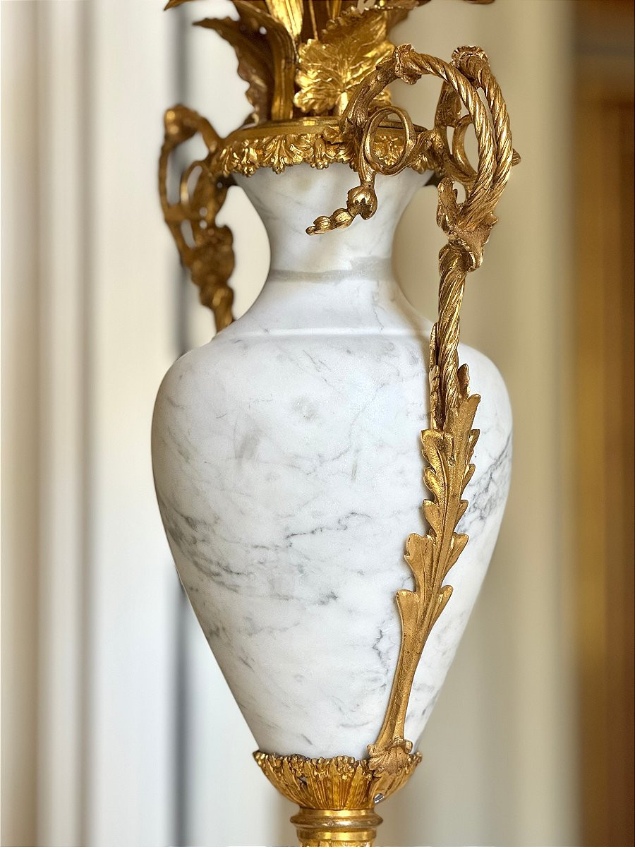 Candélabre à bouquet fleuri en bronze doré et vase central en marbre - Napoleon III-photo-4