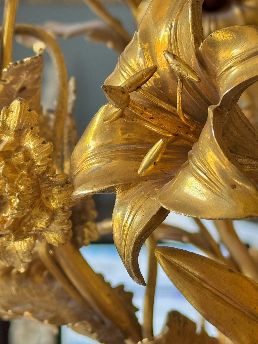 Candélabre à bouquet fleuri en bronze doré et vase central en marbre - Napoleon III-photo-3