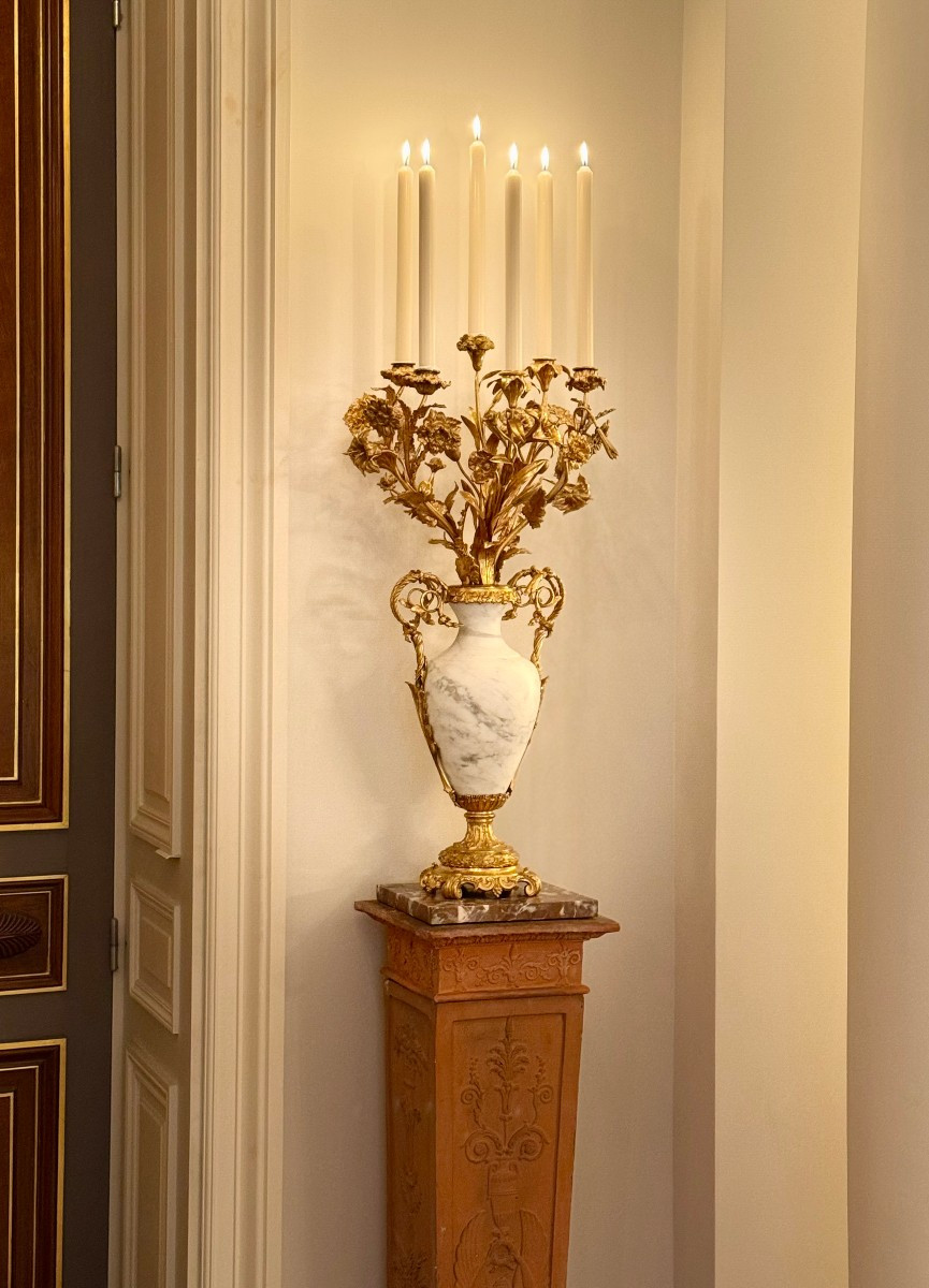Candélabre à bouquet fleuri en bronze doré et vase central en marbre - Napoleon III-photo-4