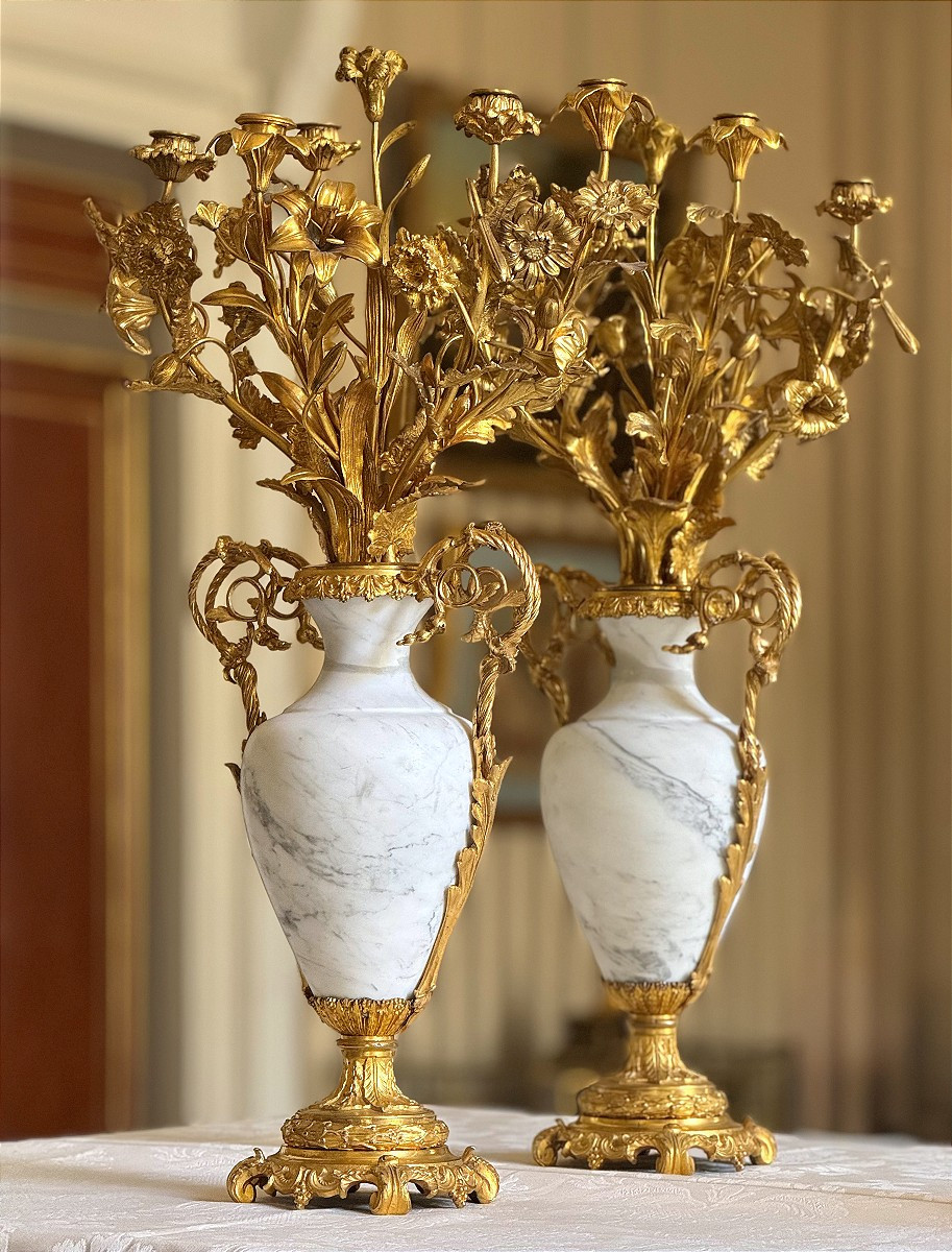 Candélabre à bouquet fleuri en bronze doré et vase central en marbre - Napoleon III