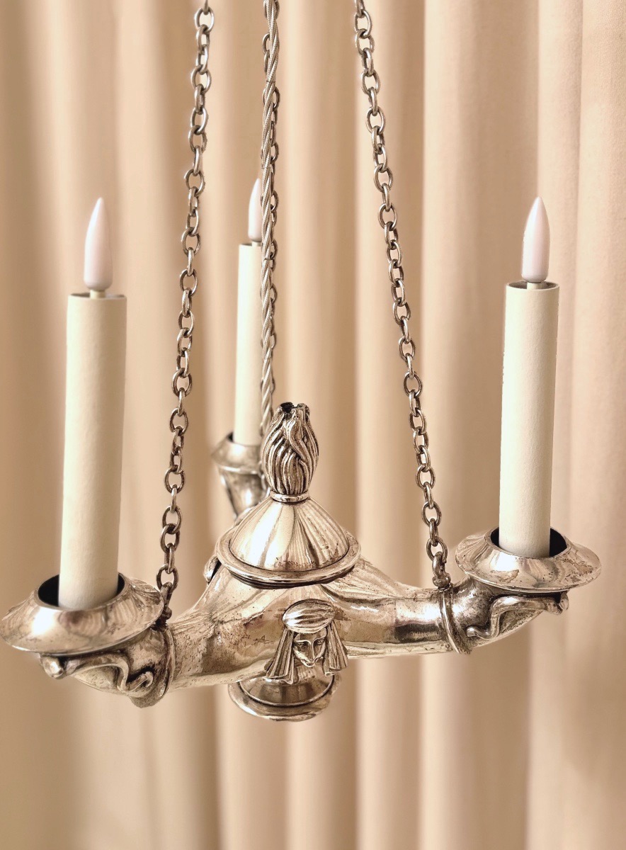 Neoclassical Empire-style Silvered Bronze Chandelier-photo-4