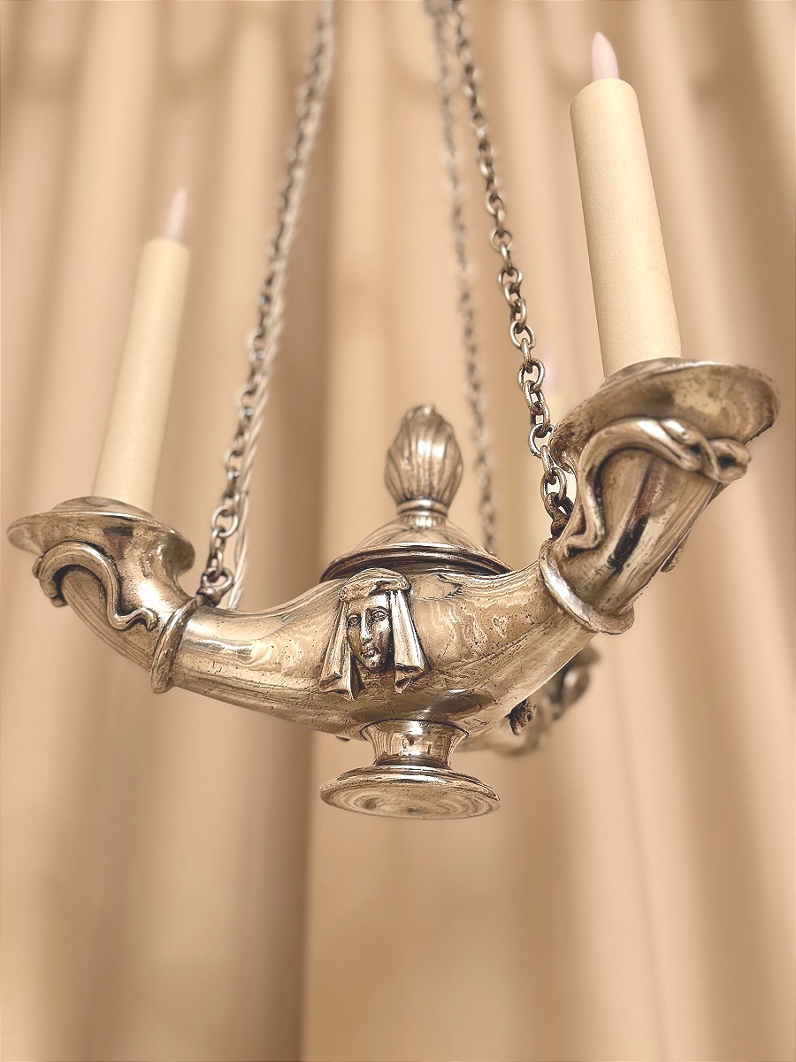 Neoclassical Empire-style Silvered Bronze Chandelier-photo-3