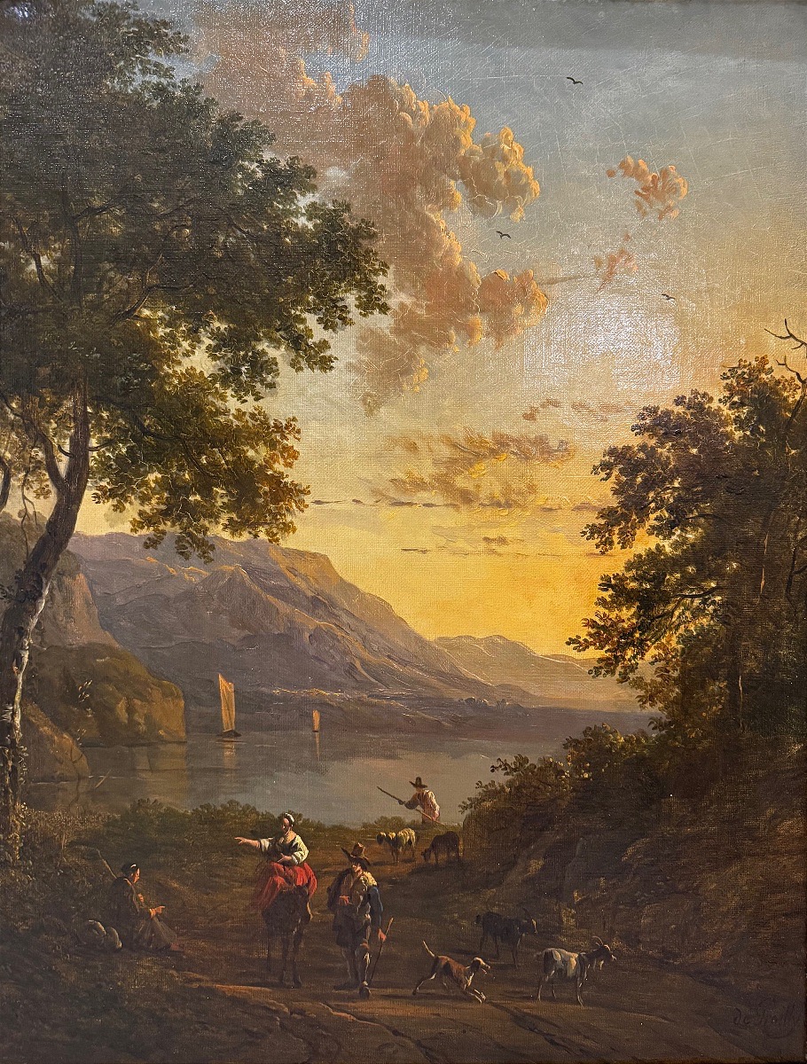 Painting Of A Pastoral Scene By The Sea - 19th Century-photo-2