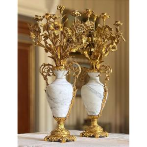 Gilt Bronze Candelabra With Floral Bouquet And Central Marble Vase - Napoleon III