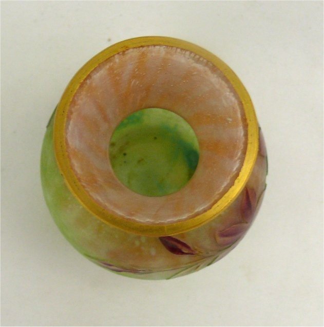 Daum, Vase Miniature Multicouche, Dégagé à l'Acide, émaillé, Doré, Signé, Intact.-photo-2