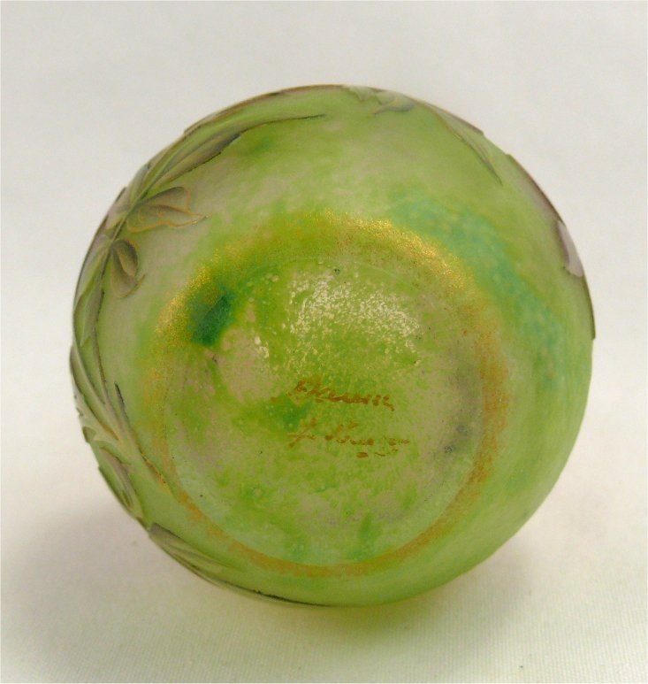 Daum, Vase Miniature Multicouche, Dégagé à l'Acide, émaillé, Doré, Signé, Intact.-photo-3