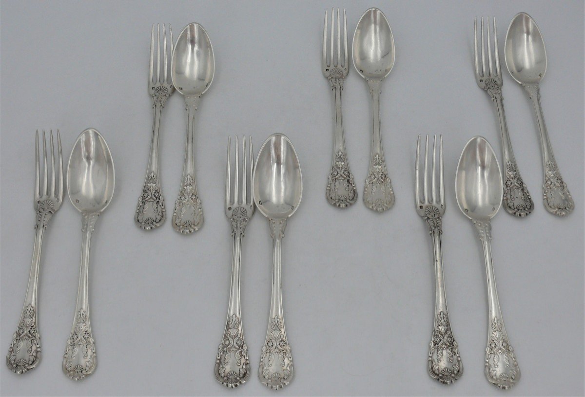 6 Entremets/dessert Cutlery, 12 Pieces, Sterling Silver Minerva, XIX, Pierre-françois Queillé-photo-2