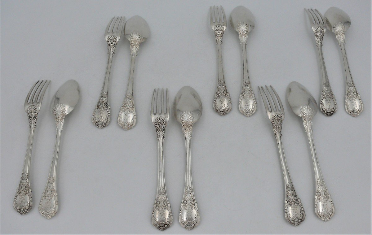 6 Entremets/dessert Cutlery, 12 Pieces, Sterling Silver Minerva, XIX, Pierre-françois Queillé-photo-4