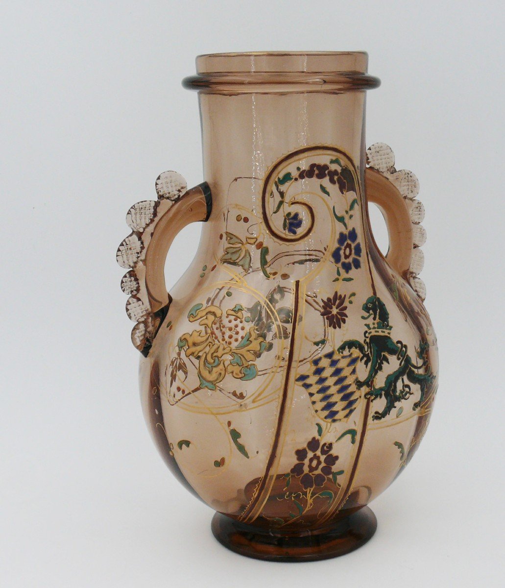 Vase émaillé Piédouche à Anses Décor Héraldique, Intact, Emile Gallé, Non Signé.-photo-3