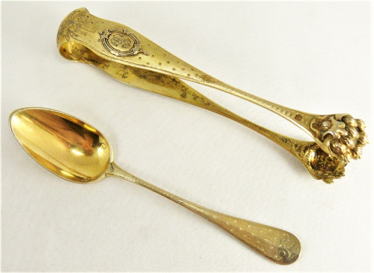 Box Of 24 Tea/coffee/dessert Spoons With Vermeil Sugar Tongs, Guilloche Silver.-photo-4