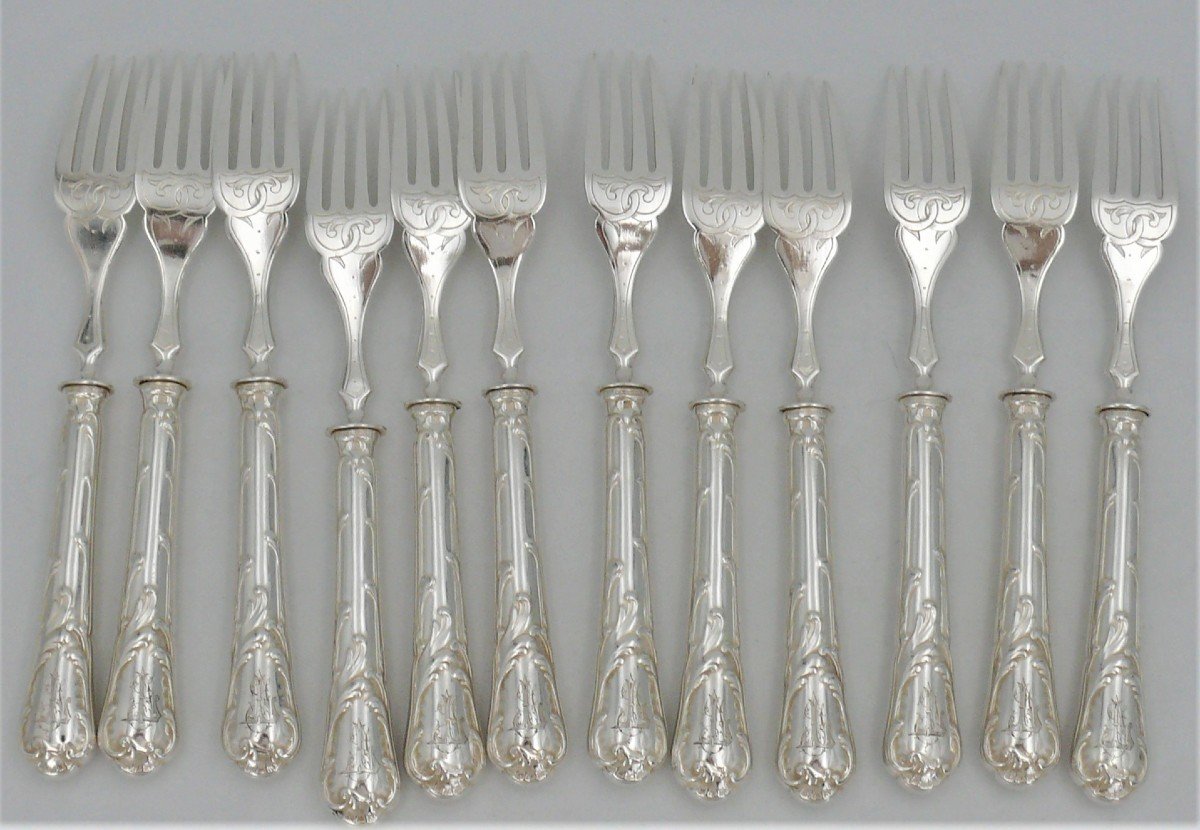 Christofle Chrysanthème, 12 Fish Cutlery, 24 Pieces, Engraved.-photo-4