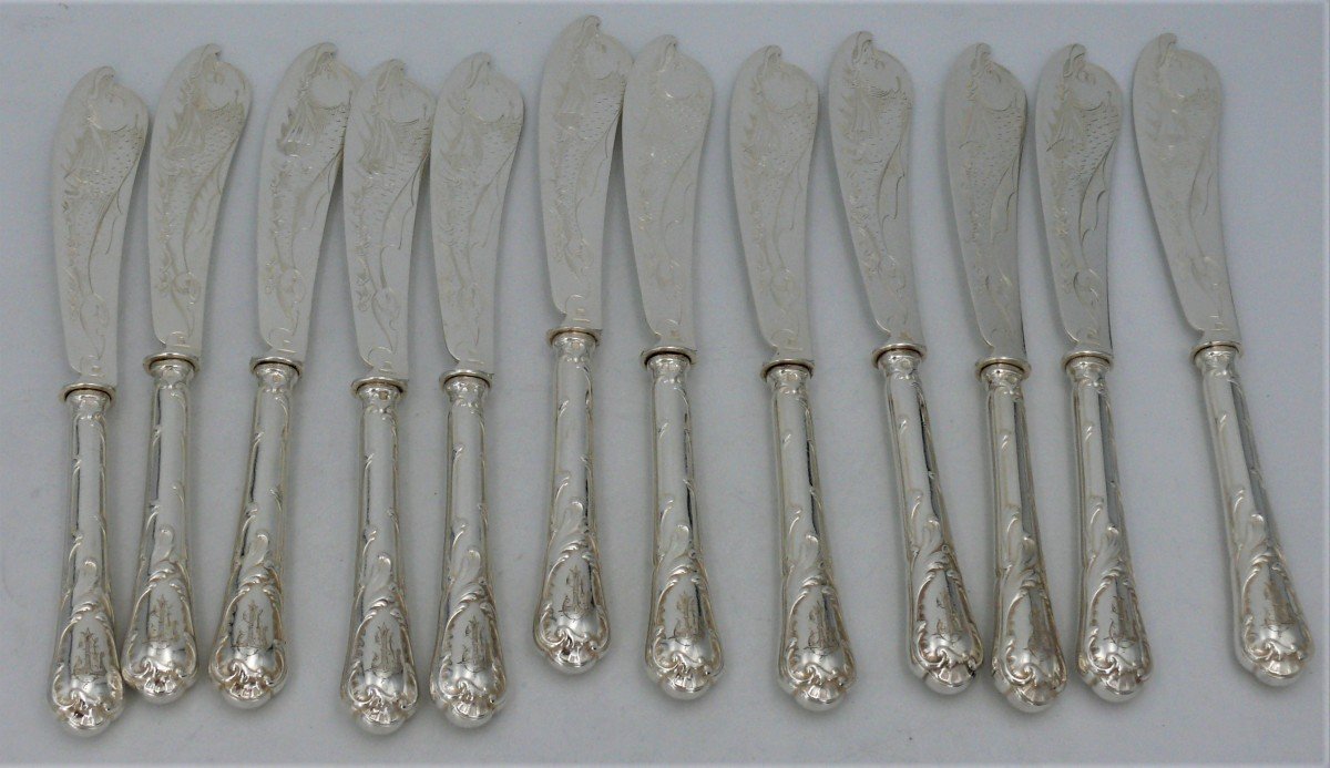 Christofle Chrysanthème, 12 Fish Cutlery, 24 Pieces, Engraved.-photo-1