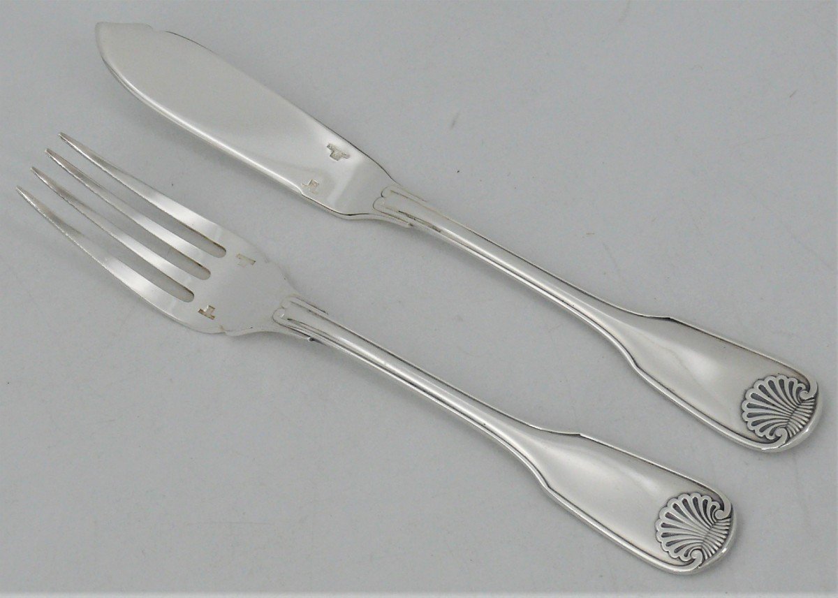 Christofle Model Vendôme/arcantia/coquille, 12 Fish Cutlery, Silver Plated, 24 Pieces.-photo-2