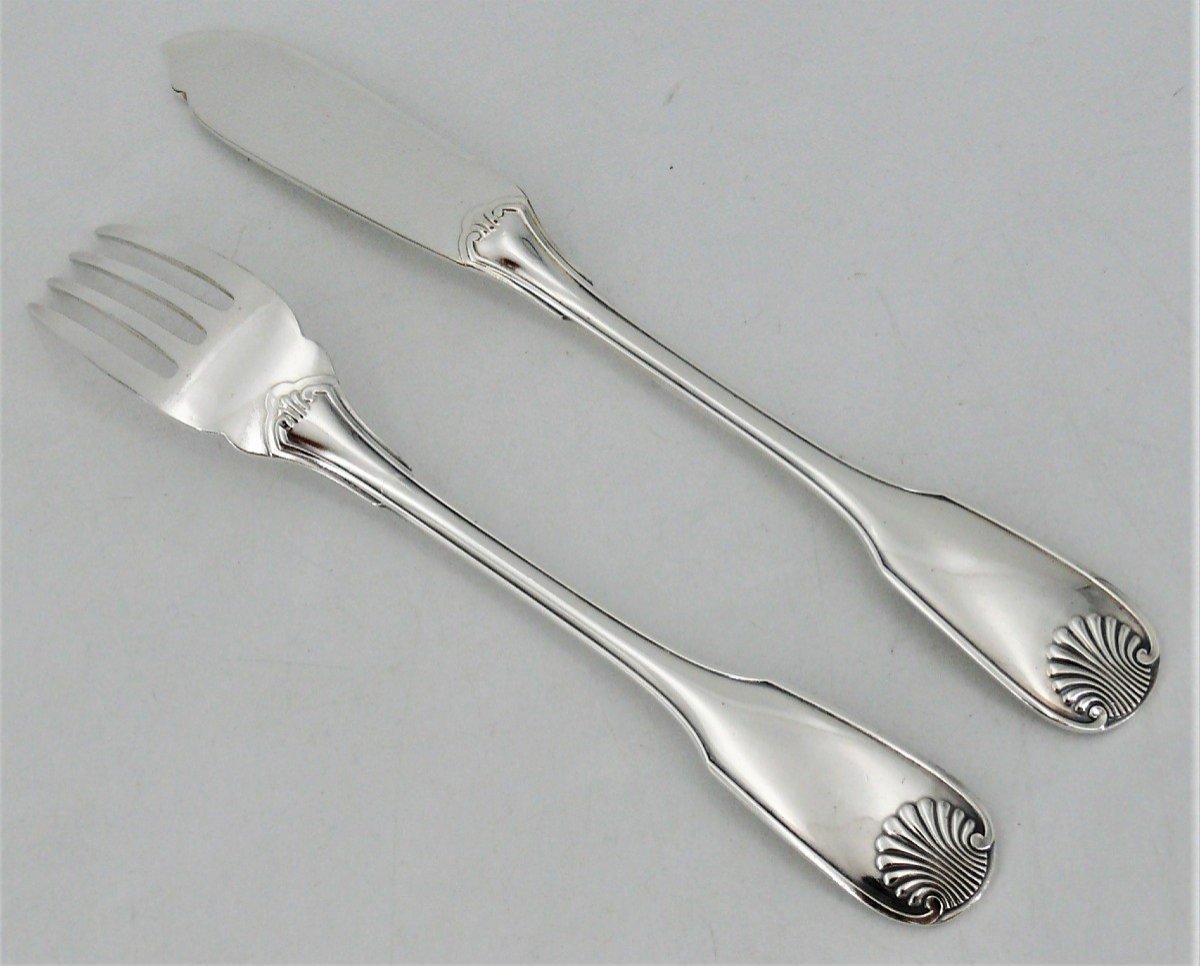 Christofle Model Vendôme/arcantia/coquille, 12 Fish Cutlery, Silver Plated, 24 Pieces.-photo-3