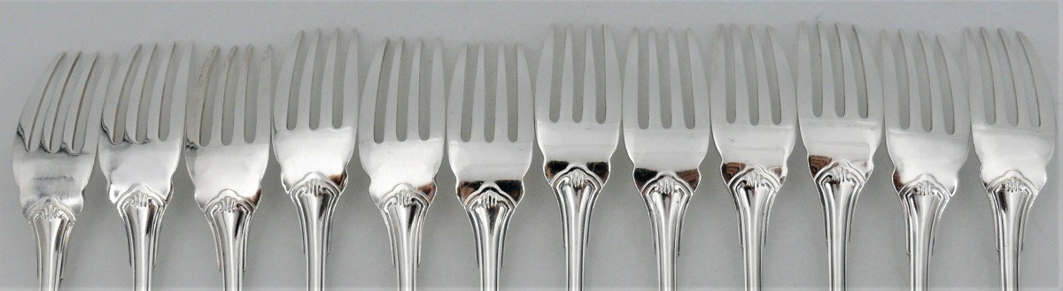 Christofle Model Vendôme/arcantia/coquille, 12 Fish Cutlery, Silver Plated, 24 Pieces.-photo-2