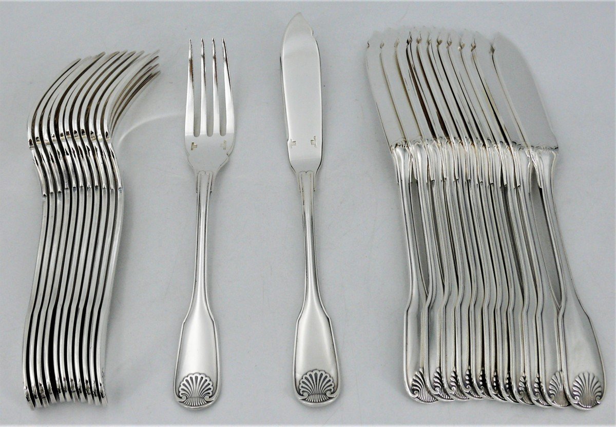 Christofle Model Vendôme/arcantia/coquille, 12 Fish Cutlery, Silver Plated, 24 Pieces.