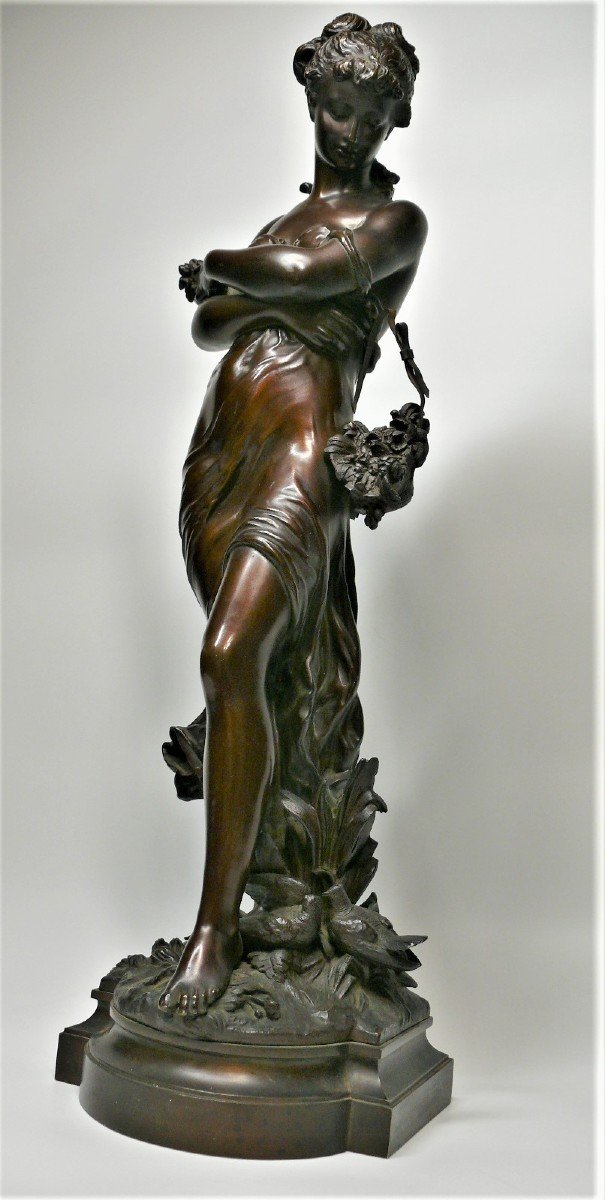 Hippolyte Moreau, Woman With Basket Of Flowers, Bronze, 57 Cm.-photo-1