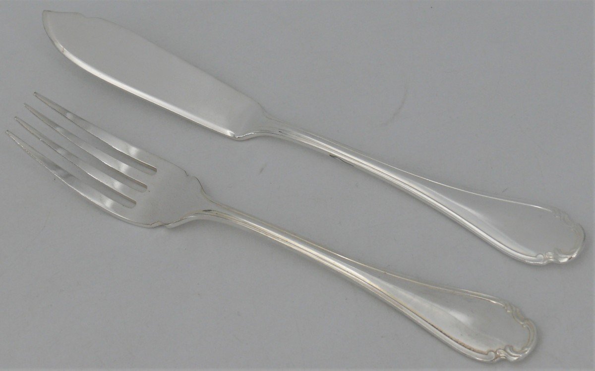 Alfénide/christofle Model Pompadour, 12 Fish Cutlery, 24 Pieces, Silver Plated.-photo-2