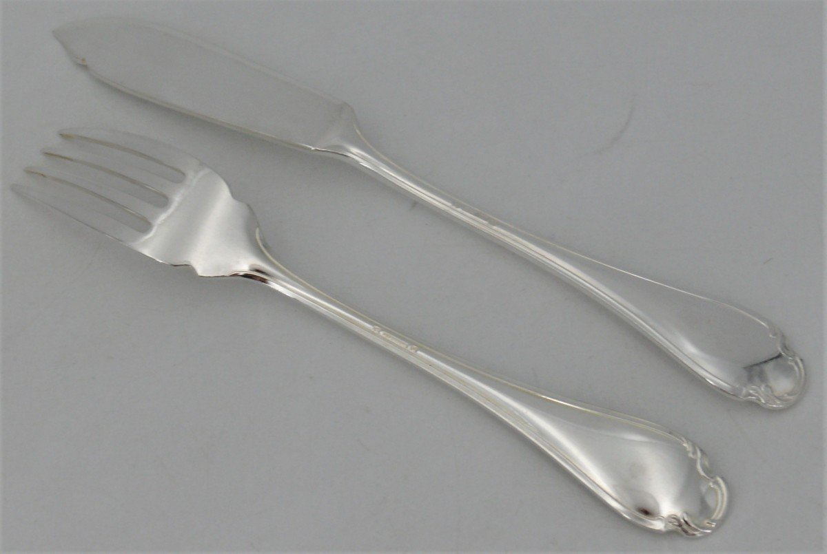 Alfénide/christofle Model Pompadour, 12 Fish Cutlery, 24 Pieces, Silver Plated.-photo-4