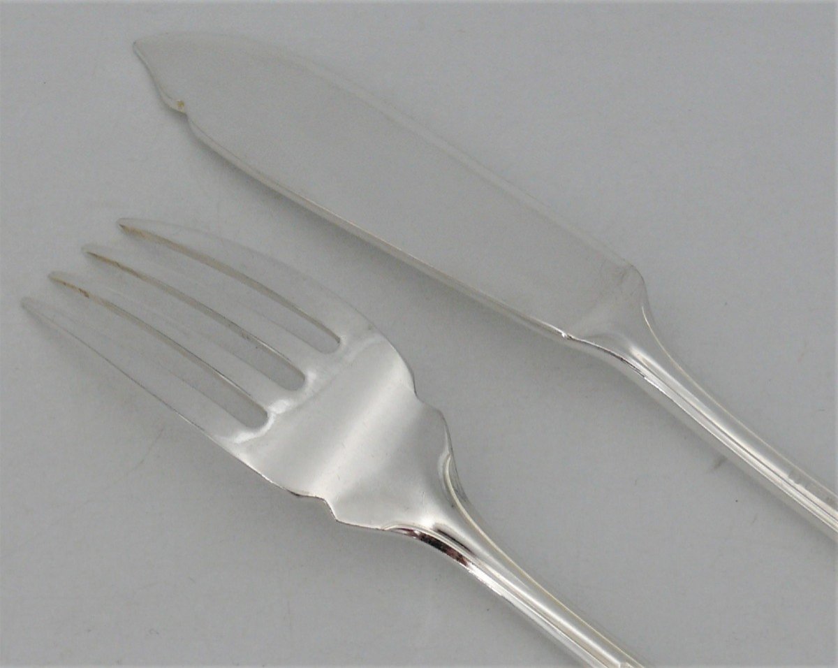 Alfénide/christofle Model Pompadour, 12 Fish Cutlery, 24 Pieces, Silver Plated.-photo-1