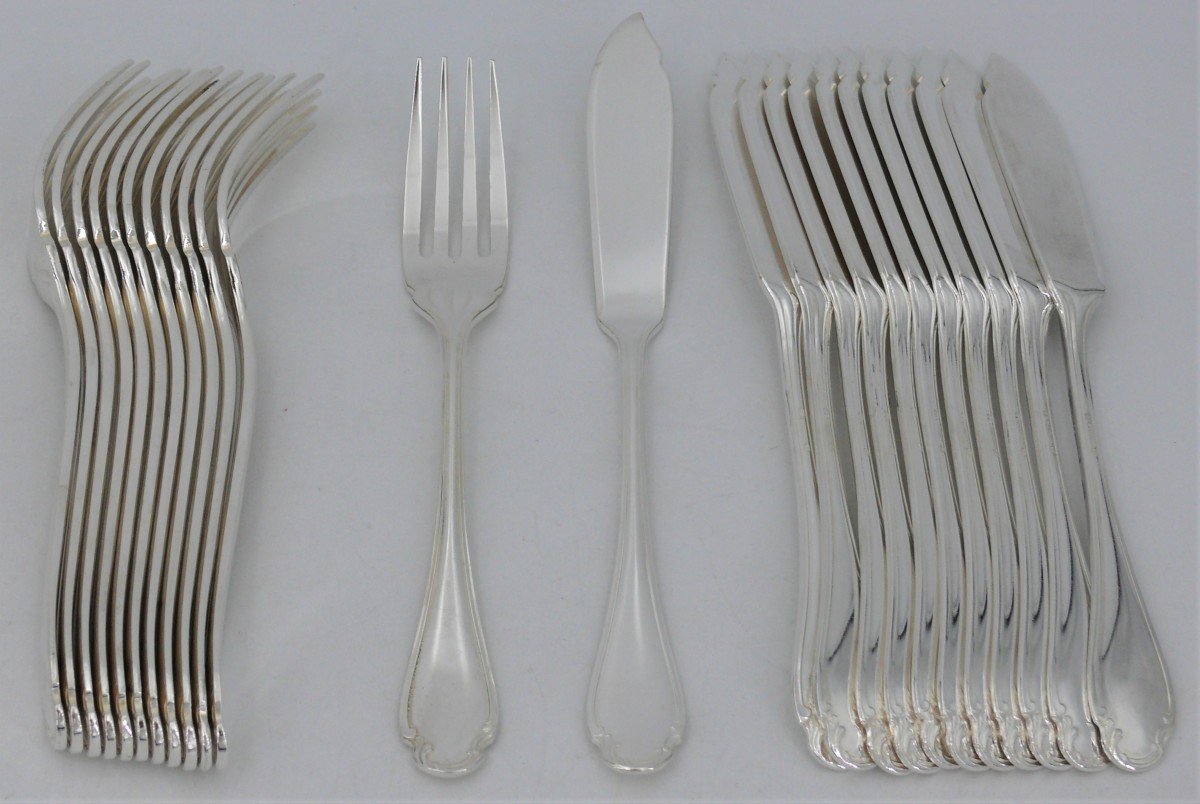 Alfénide/christofle Model Pompadour, 12 Fish Cutlery, 24 Pieces, Silver Plated.