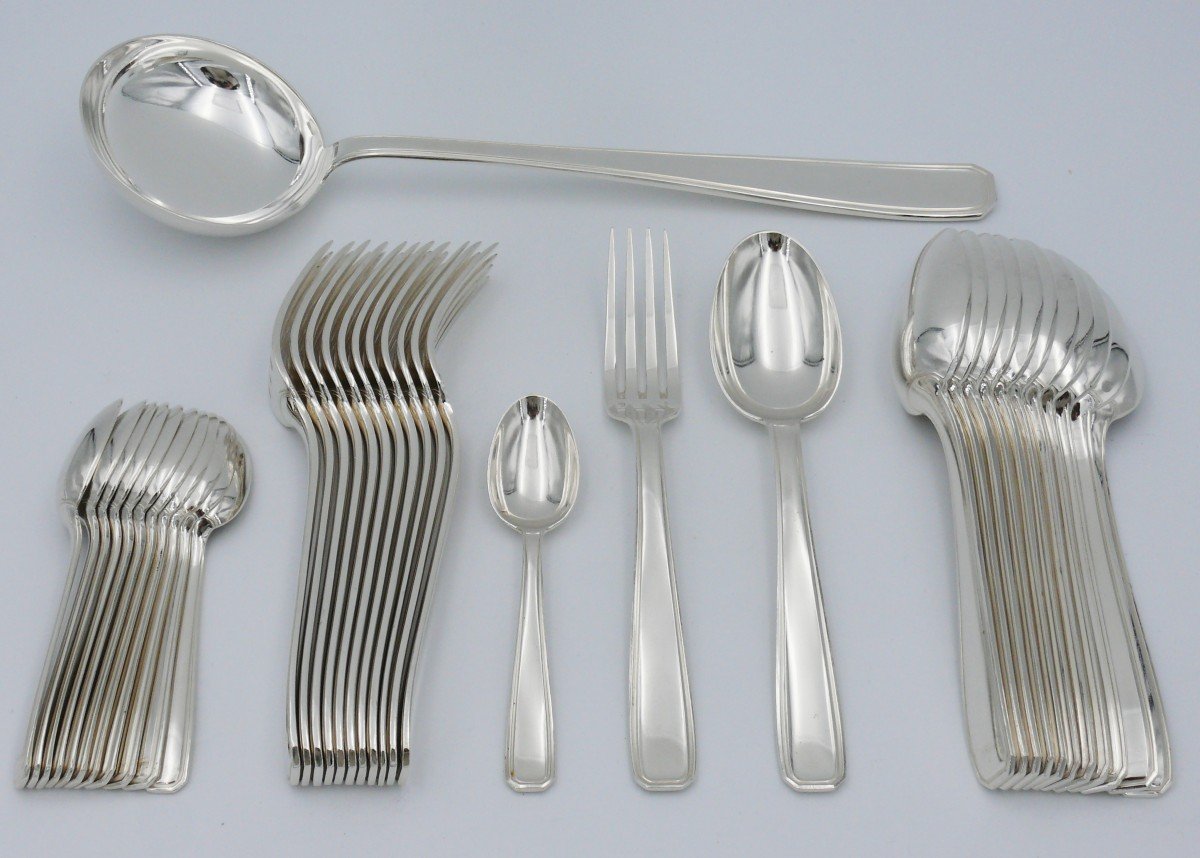 Boulenger Art Deco Model Suzy, Cutlery Set Of 37 Pieces In Excellent Condition, Silver Metal.-photo-2