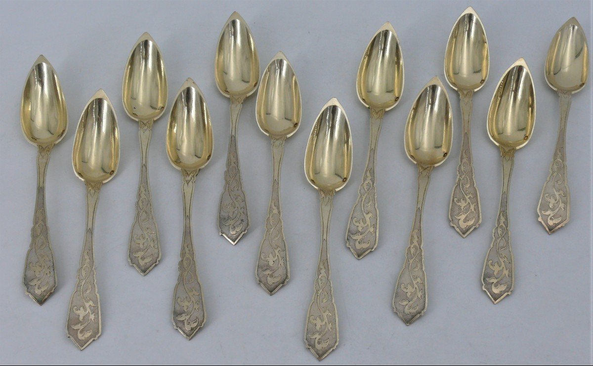 12 Tea/coffee Spoons In Sterling Silver Minerva, Vermeil, Napoleon III, 19th Century.-photo-2