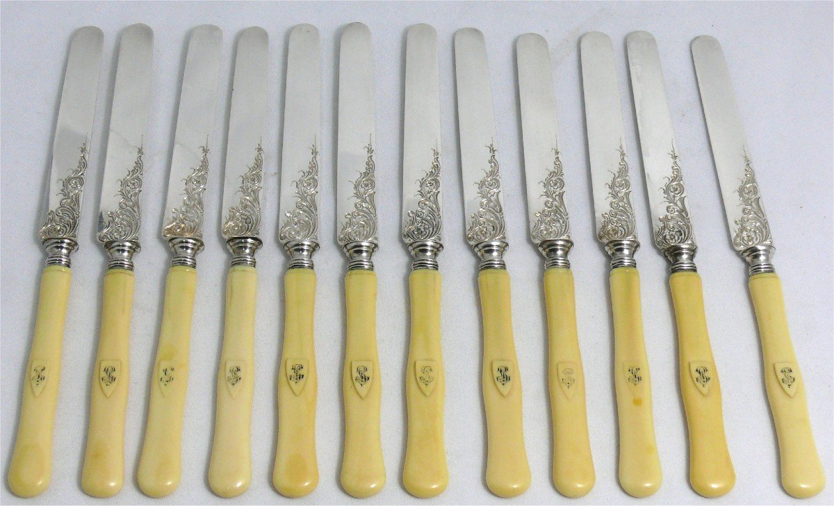 12 Couteaux à Fruit/dessert/entremets, Lames Argent Gravées.