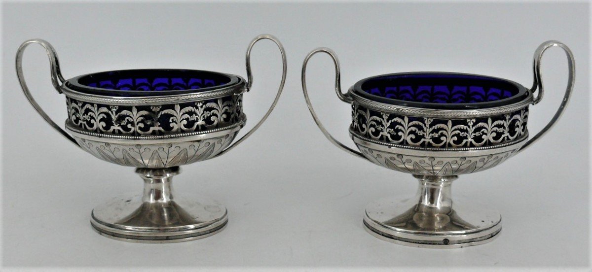 Paire De Salières/salerons Argent Massif XVIIIe, Louis XVI, Verrines Bleues d'Origine.-photo-2