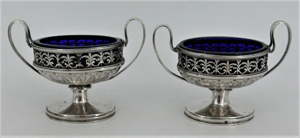 Pair Of 18th Century Solid Silver Salt Cellars/salt Cellars, Louis XVI, Original Blue Verrines.-photo-2