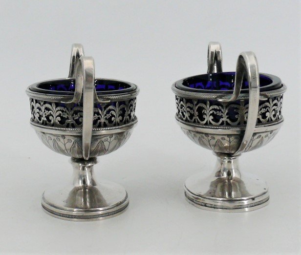 Pair Of 18th Century Solid Silver Salt Cellars/salt Cellars, Louis XVI, Original Blue Verrines.-photo-3