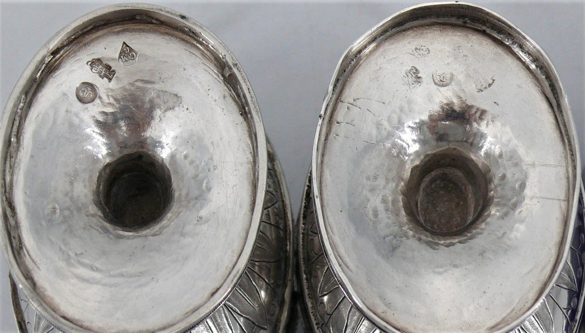 Paire De Salières/salerons Argent Massif XVIIIe, Louis XVI, Verrines Bleues d'Origine.-photo-2