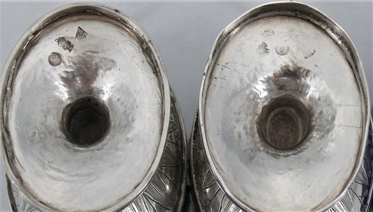 Pair Of 18th Century Solid Silver Salt Cellars/salt Cellars, Louis XVI, Original Blue Verrines.-photo-2