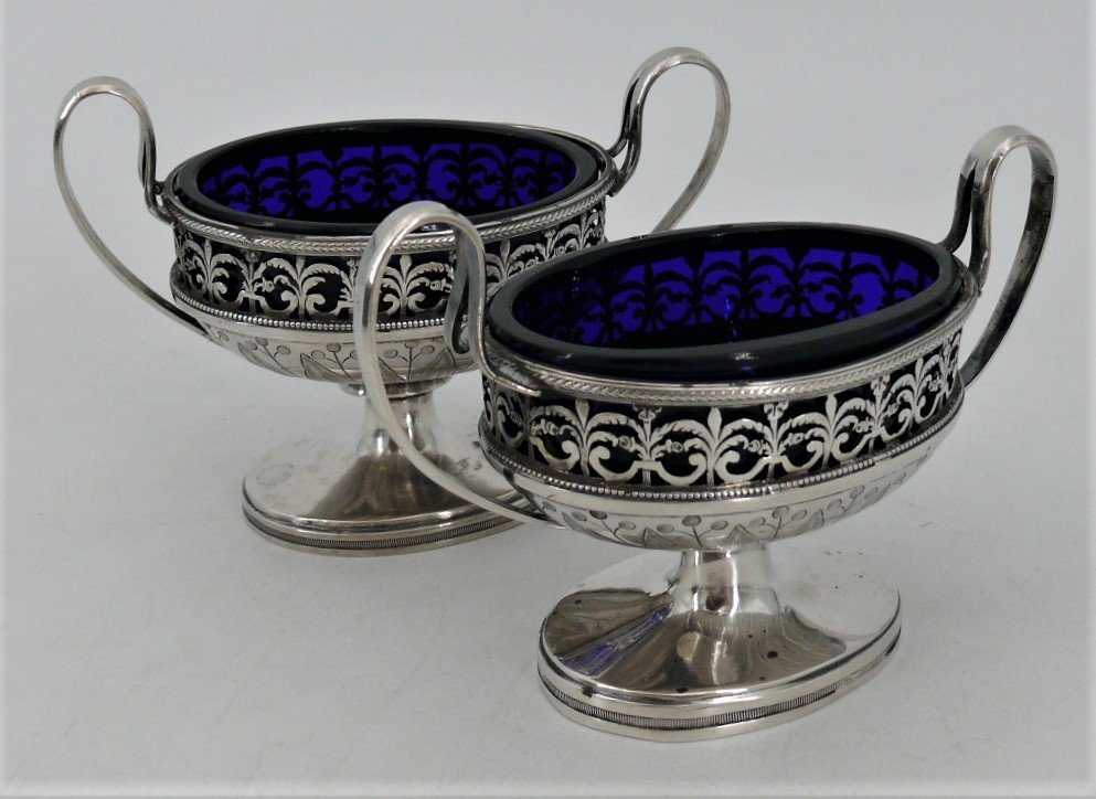 Pair Of 18th Century Solid Silver Salt Cellars/salt Cellars, Louis XVI, Original Blue Verrines.