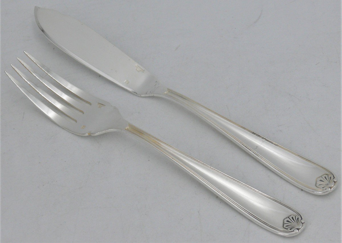 Christofle Marot Model, 12 Fish Cutlery, 24 Pieces, Excellent Condition, Silver Metal.-photo-2