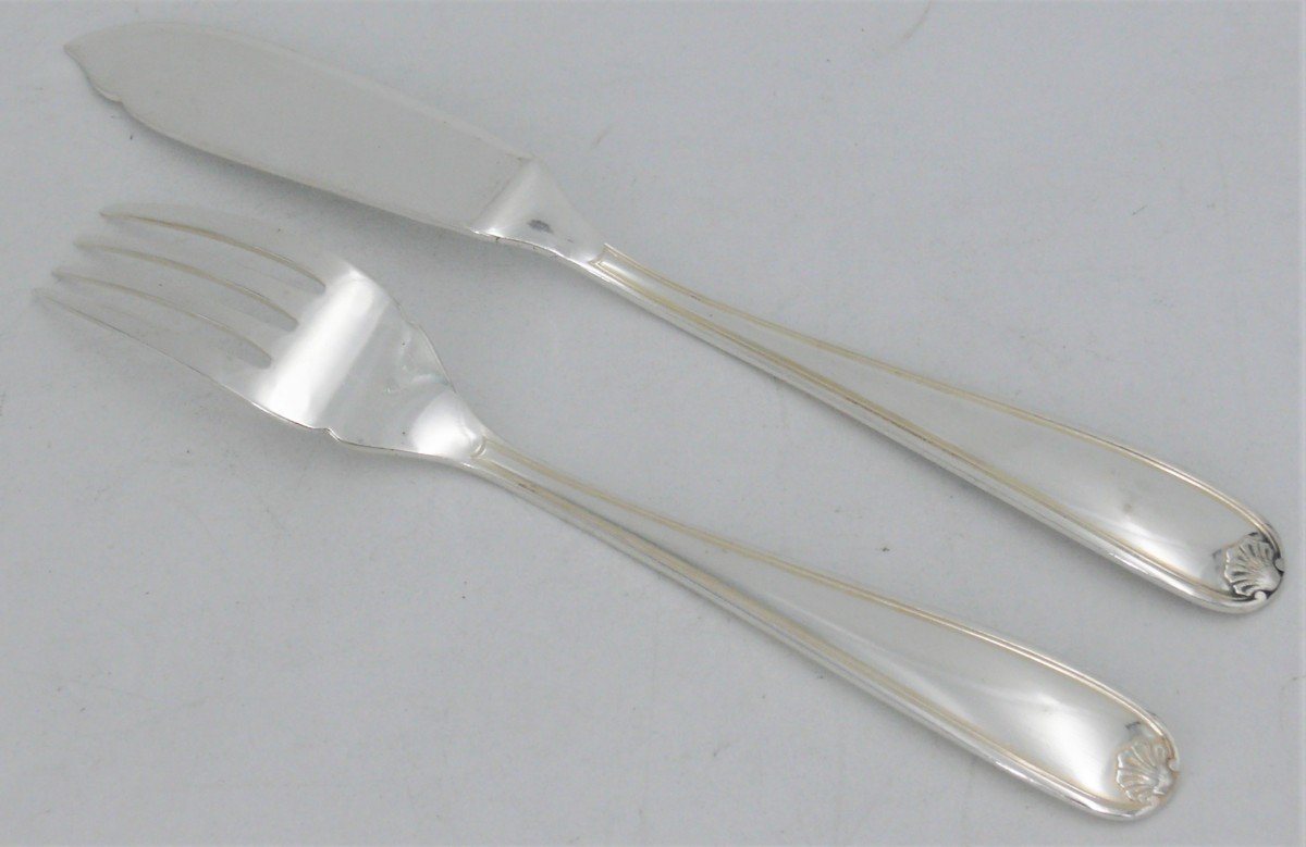 Christofle Marot Model, 12 Fish Cutlery, 24 Pieces, Excellent Condition, Silver Metal.-photo-2