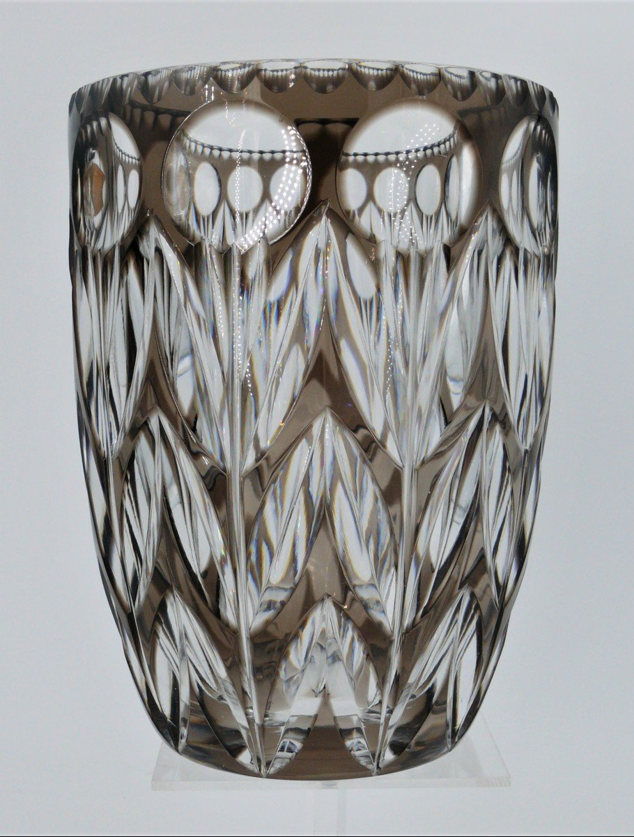 Val Saint Lambert, Brown Lined Cut Crystal Vase, 19 Cm, 3.2 Kg.