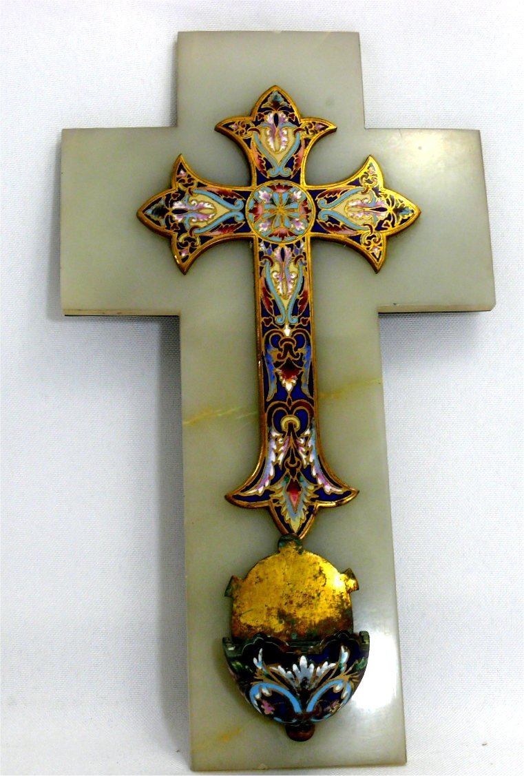 Large Enamelled Stoup And Crucifix, Onyx, 31.5 Cm, 1.3 Kg, Excellent Condition.-photo-2