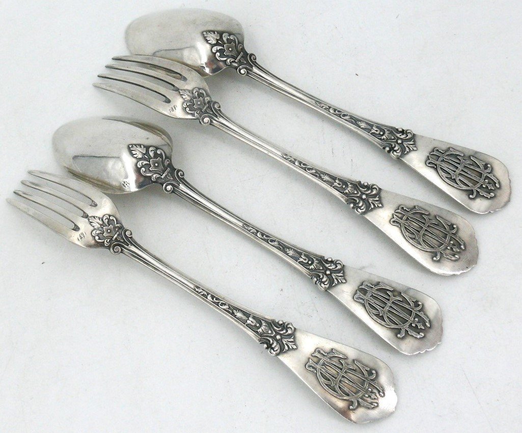 Pair Of Sterling Silver Minerva Neo-renaissance Table Cutlery, Ernest Compère, Monogram Me-photo-2