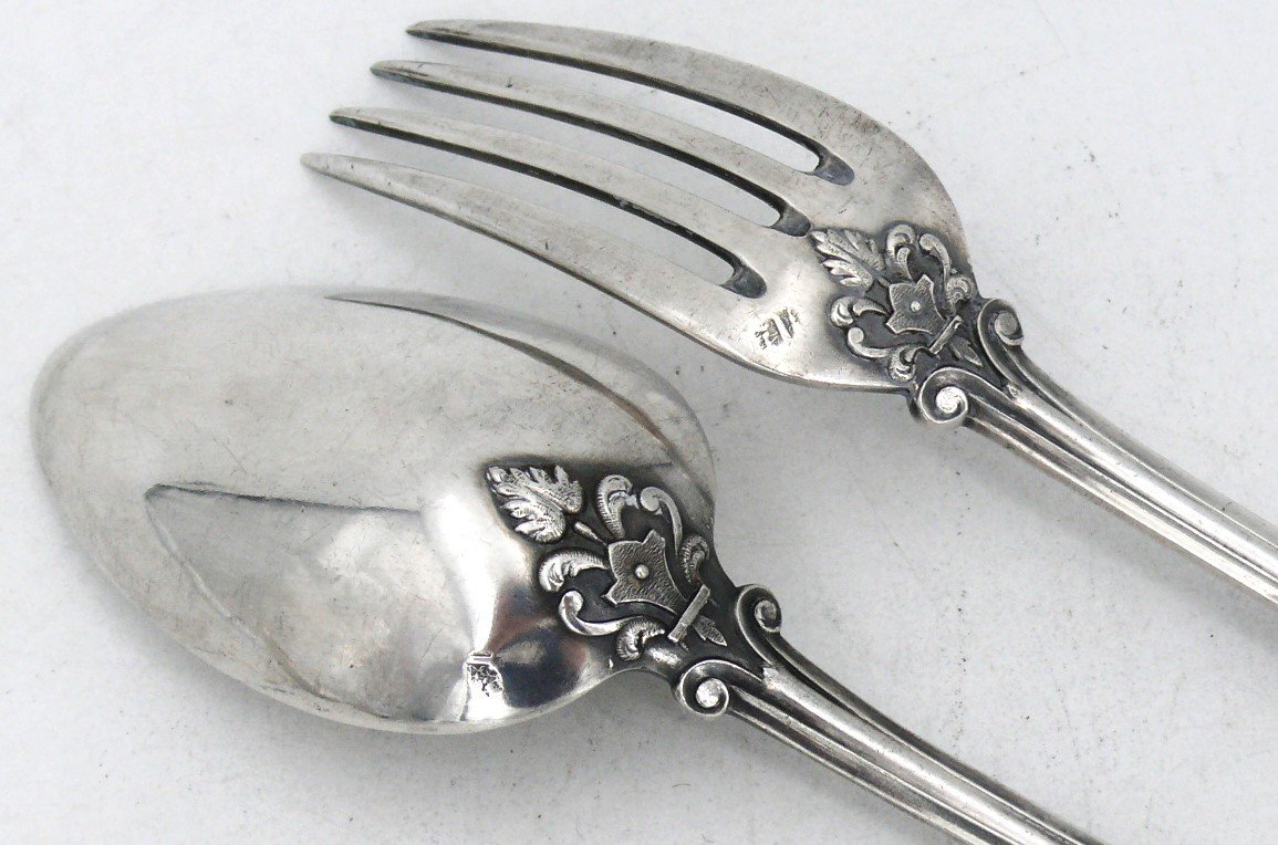 Pair Of Sterling Silver Minerva Neo-renaissance Table Cutlery, Ernest Compère, Monogram Me-photo-3