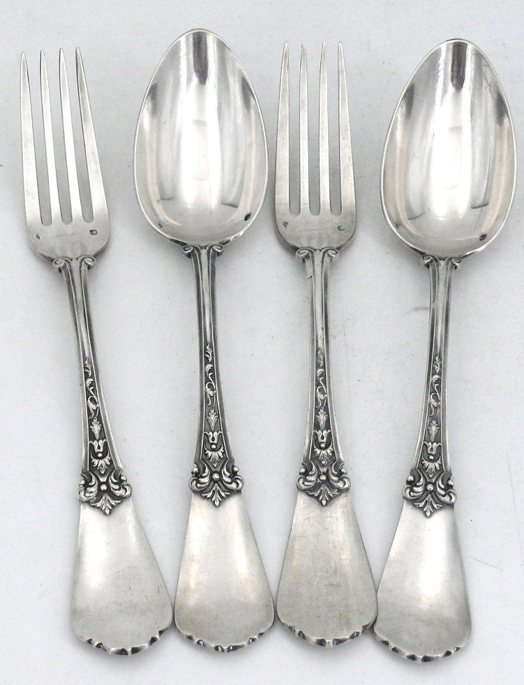 Pair Of Sterling Silver Minerva Neo-renaissance Table Cutlery, Ernest Compère, Monogram Me-photo-3