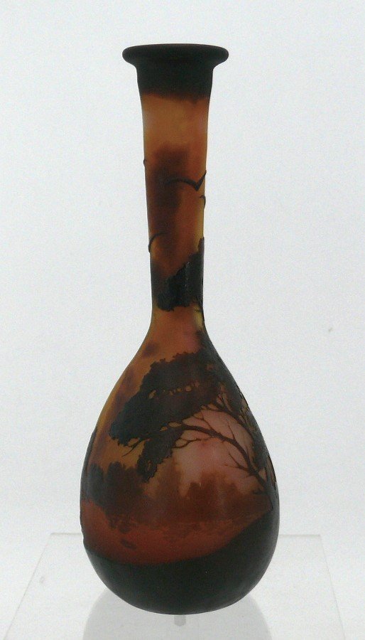 Emile Gallé, Vase En Verre Multicouche Dégagé à l'Acide à Décor De Paysage Lacustre.-photo-1