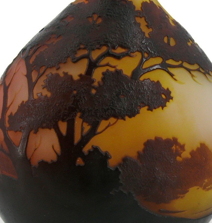 Emile Gallé, Vase En Verre Multicouche Dégagé à l'Acide à Décor De Paysage Lacustre.